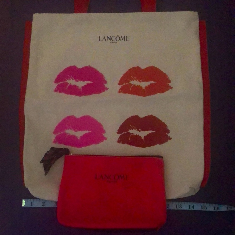 Lancôme “Lipstick Kiss” 💋 Canvas Tote and Makeup Bag Set EUC